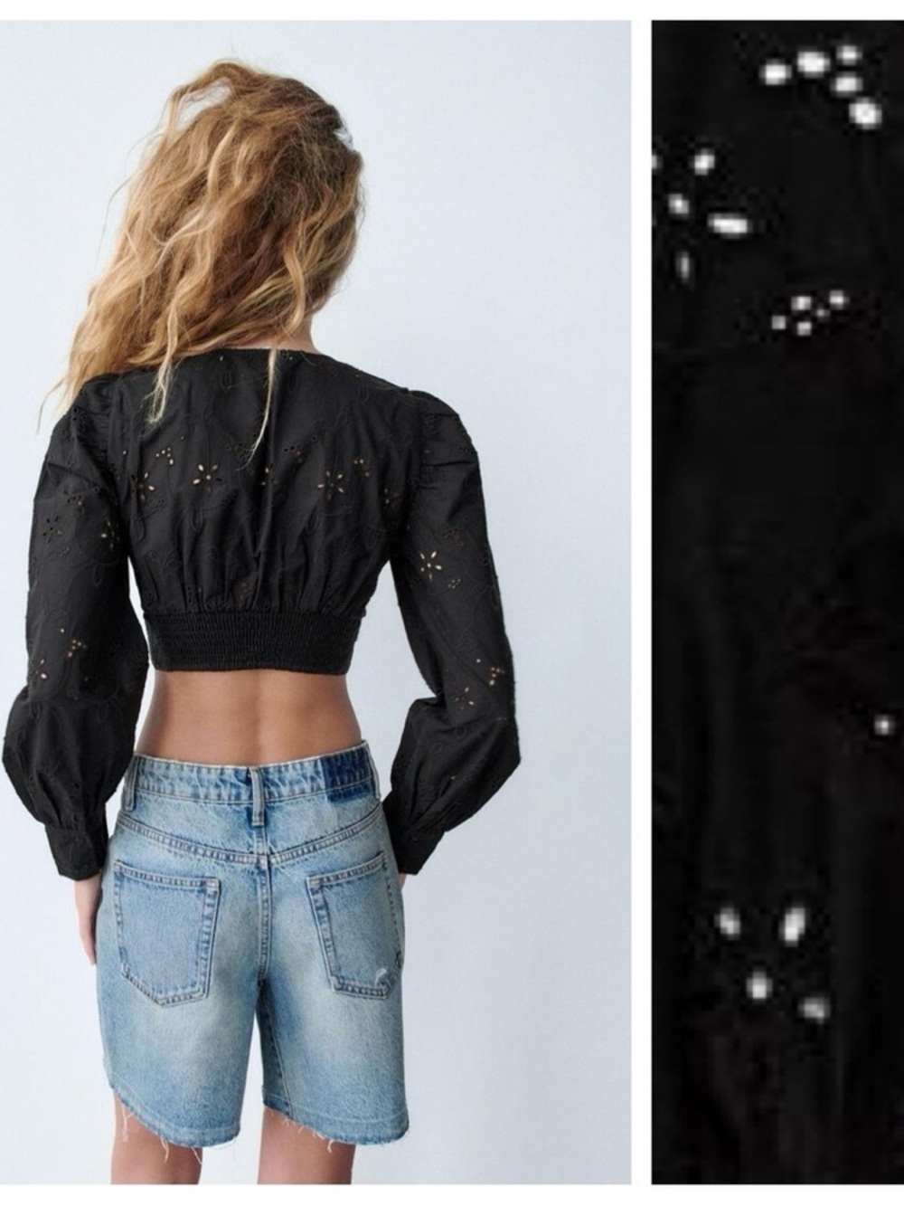 ZARA Black Eyelet V-Neck Cropped Blouse - Picture 5 of 12